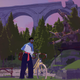 A sculpture in front of a bridge, our character stood next to it with her bike.